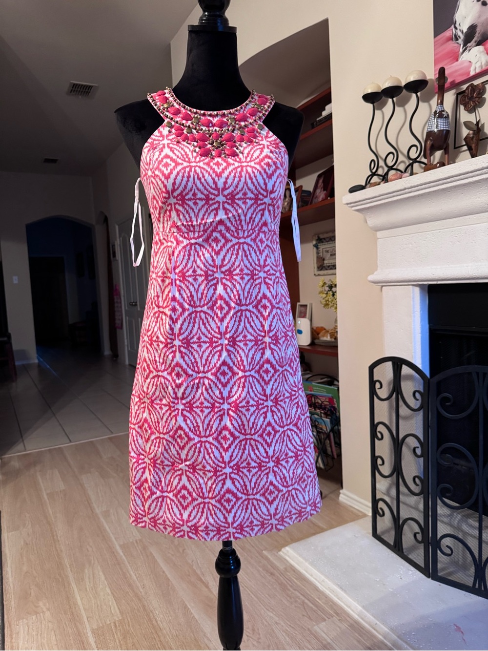Sleeveless Pink Patterned Embellished Neckline Dress